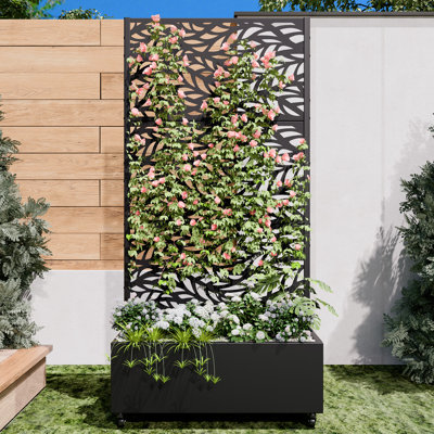 Galvanized Steel Outdoor Privacy Screen with Planter Box, Freestanding Trellis with Lockable Wheels