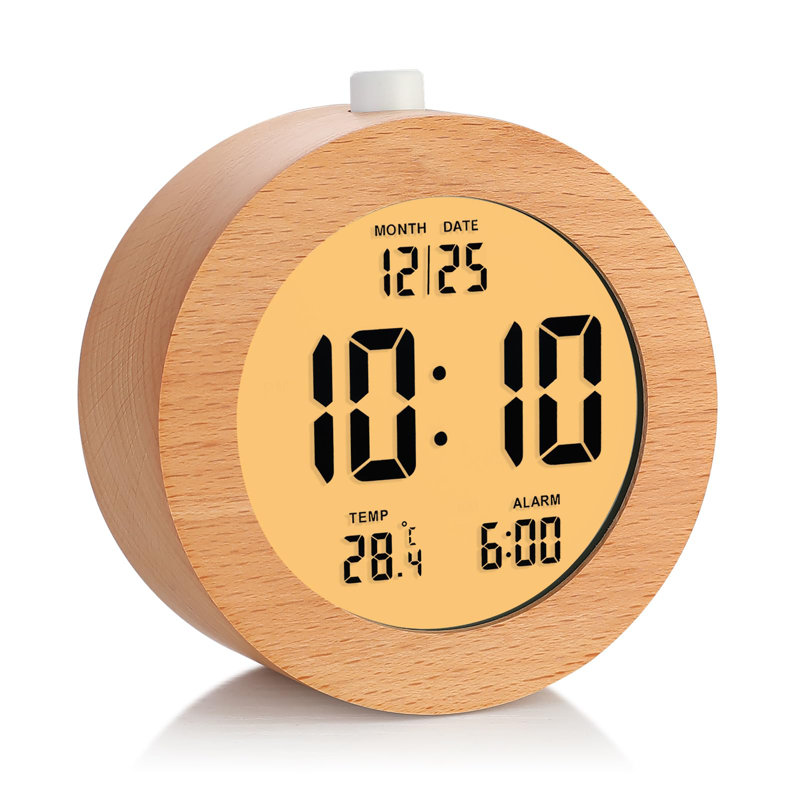 Round Wooden Digital Alarm Clock with Snooze, Nightlight, LCD Display