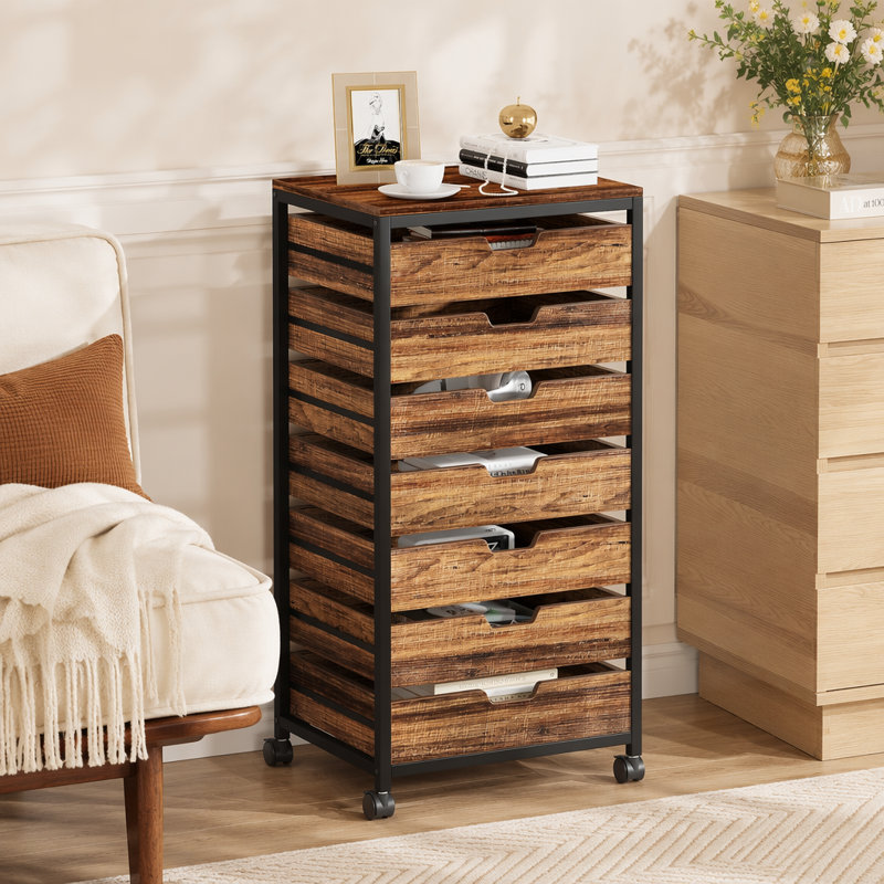 Commode de rangement à 7 tiroirs avec roulettes, coffre industriel en bois avec structure en métal, unité de tiroir mobile pour bureau, chambre à coucher, vestibule, salon - brun rustique
