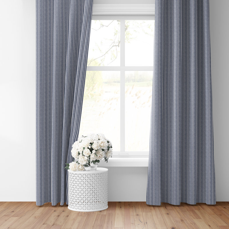 Walker Ticking Stripe Indigo/White Cotton Simple Top Pocket Drapery Panel Set of 2, 50" W x 96" L