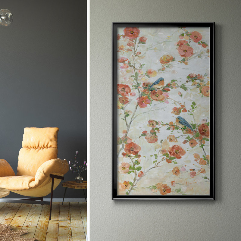 Bluebirds and Blossoms - Peinture sur toile encadrée, Cadre noir, H 22,5 po x l 42,5 po x P 1,5 po