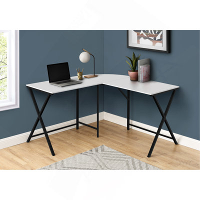 Computer Desk, Home Office, Corner, 55"l, L Shape, Work, Laptop, White Laminate, Black Metal, Contemporary, Modern