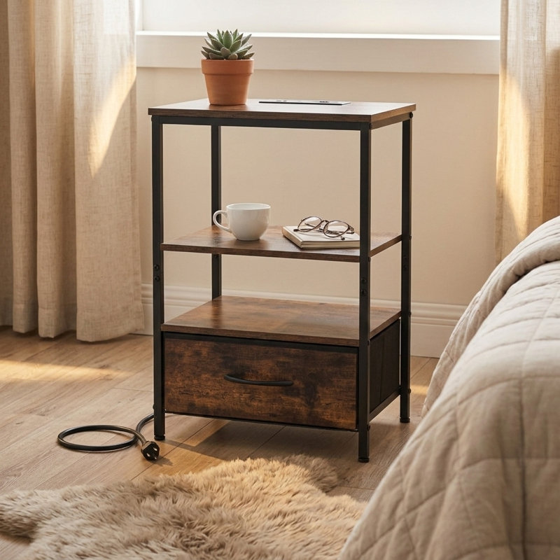Table de chevet moderne avec station de charge et tiroir réglable en tissu, table de bout avec rangement à 3 niveaux pour la chambre à coucher et le salon