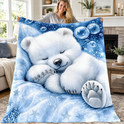 Couverture ours polaire endormi (1 pièce), adorable couverture en flanelle en peluche imprimée Nuit étoilée, ultra douce, confortable, légère et chaude, idéale pour canapé, lit, salon, dortoir, bureau, voyage, décoration intérieure, couverture toutes saisons, cadeau de Noël