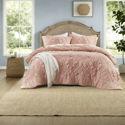 Soft Pink Jersey Knit Bedding Set, Elegant Floral Charm, All-season Comfort