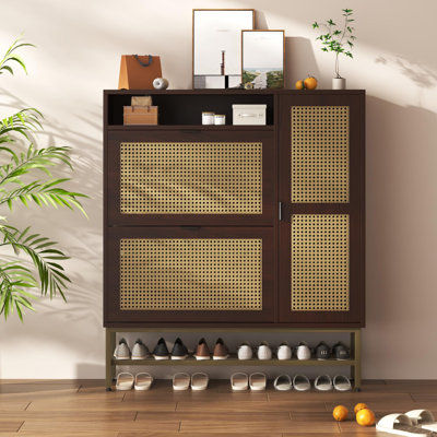 Rattan Shoe Cabinet With 3 Flip Drawers, Free Standing Shoe Storage Organizer With Adjustable Shelves