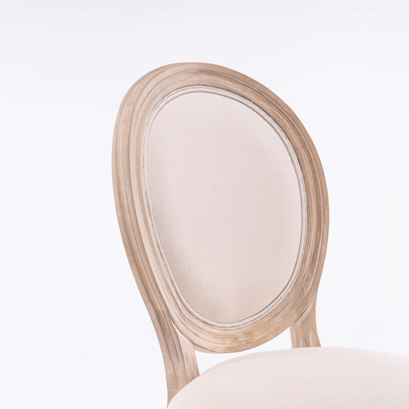 Chaise de salle à manger style français à structure ovale en bois massif avec dossier en lin et tissu, ensemble de 2