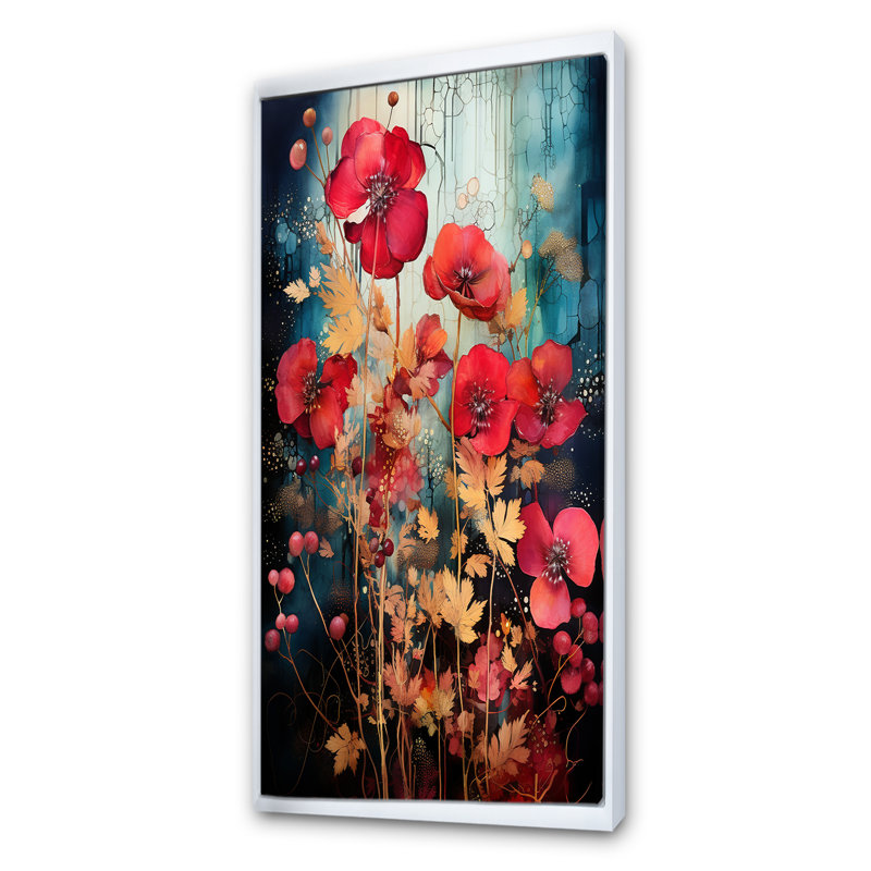 Jardin botanique floral rouge enchanté - Botanicals Wall Art, Cadre flottant blanc, H 60 po x l 28 po