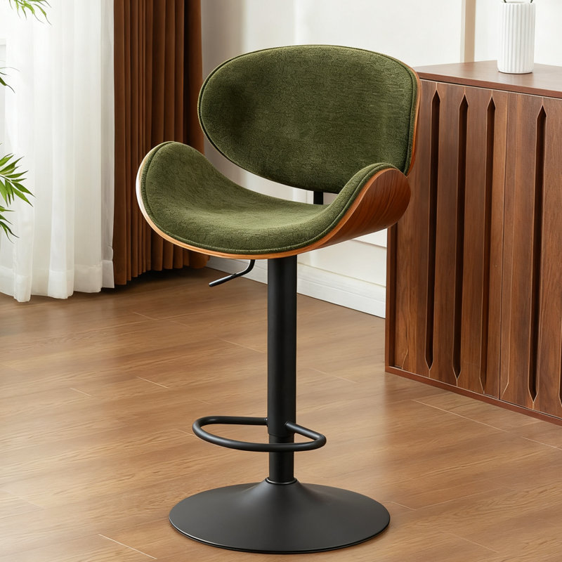 Modern Upholstered Swivel 24”H Barstool, Adjustable Height Counter Stool With Bentwood, Boucle Upholstered Bar Stool With Metal Frame