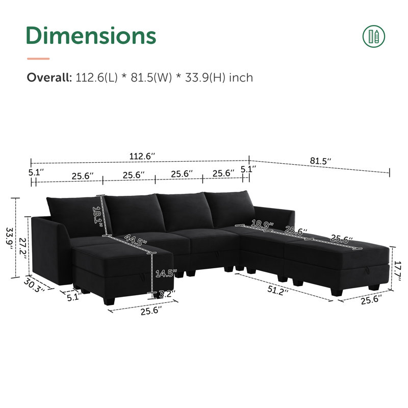 Tremee U Shaped Velvet Modular Sectional Couch for Living Room, Black Velvet
