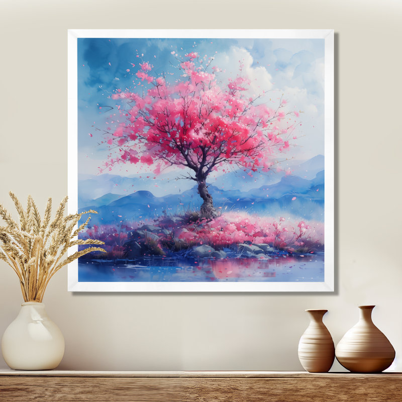 Fleur de cerisier rose et bleu, Toile encadrée noire simple, H 16 po x l 16 po x P 1 po