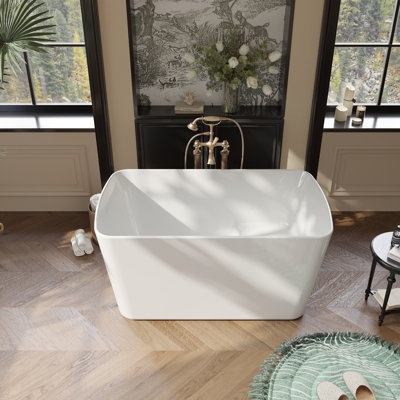 49'' Freestanding Soaking Acrylic Bathtub, Square-shape Japanese Soaking Hot Tub with Built-in Seat, Chrome Overflow and Drain, White