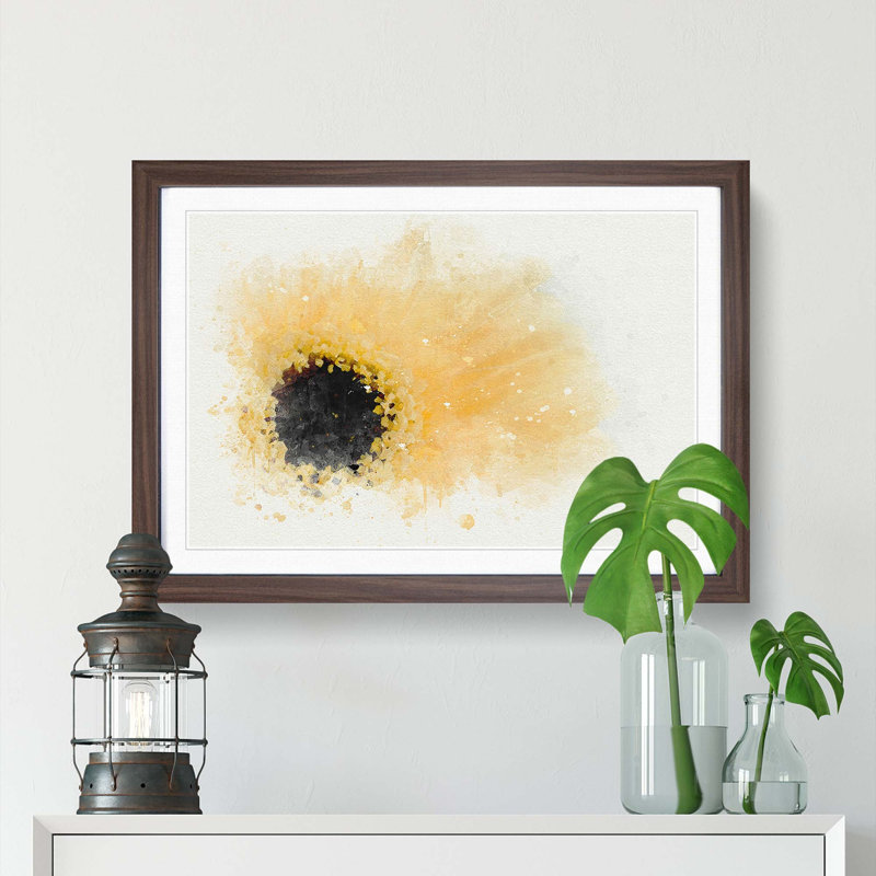 Pale Yellow Gerbera in Abstract - Picture Frame Painting Print, 62cm H x 87cm W x 2cm D, Walnut Framed