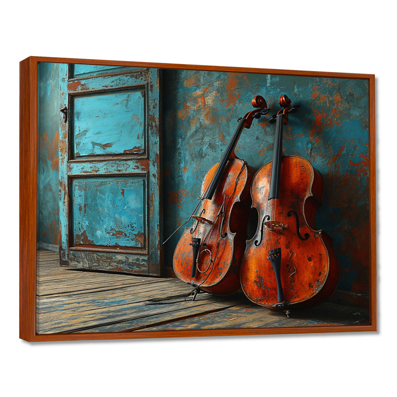 Deux violons dans une chambre bleue sarcelle rustique - musique, art mural, Toile avec cadre flottant brun