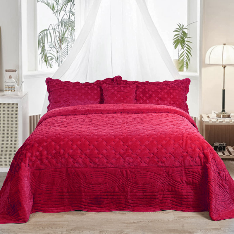 4 Piece Tatami Quilted Faux Fur Set, King Coverlet + 3 Additional Pieces, Tango Red