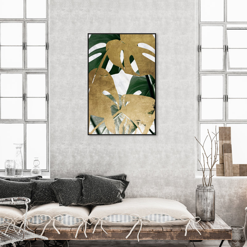 Plantes dorées, plantes tropicales - impression sur toile, H 46 po x l 31 po, Cadre flottant noir