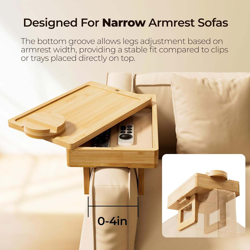 Mini Couch Arm Table For Narrow Armrest, Bamboo Sofa Arm Tray With Storage Box, Rotating Tabletop & Phone Stand, Adjustable Sofa Arm Table Clip For Snacks Or Dining, Width Of Armrest 1-7 Inch