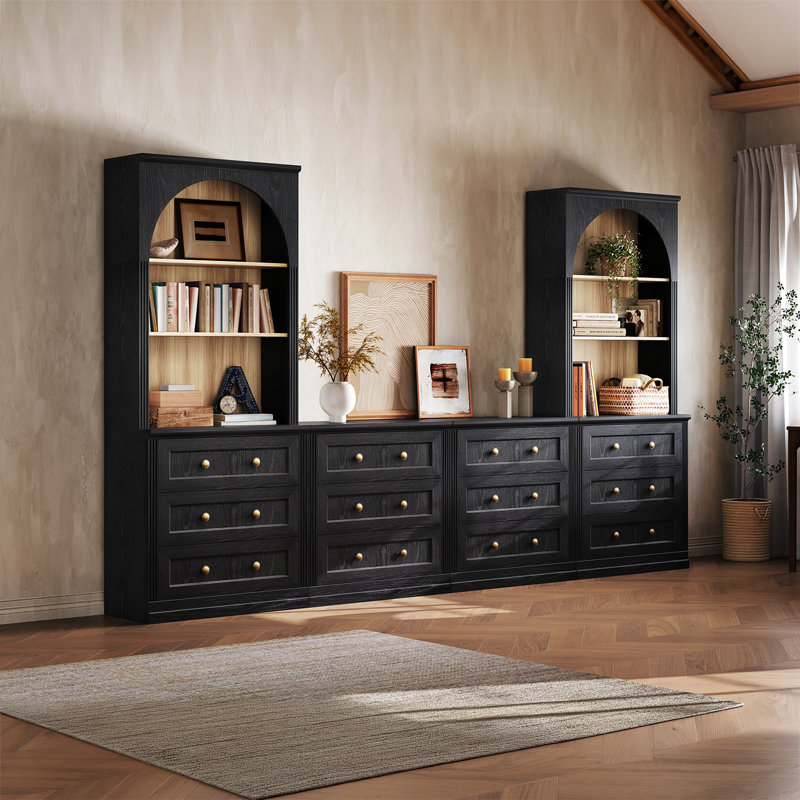 Garde-manger moderne et modulaire avec armoires à quatre tiroirs et hauts carrés de rangement carrés, noir, Noir