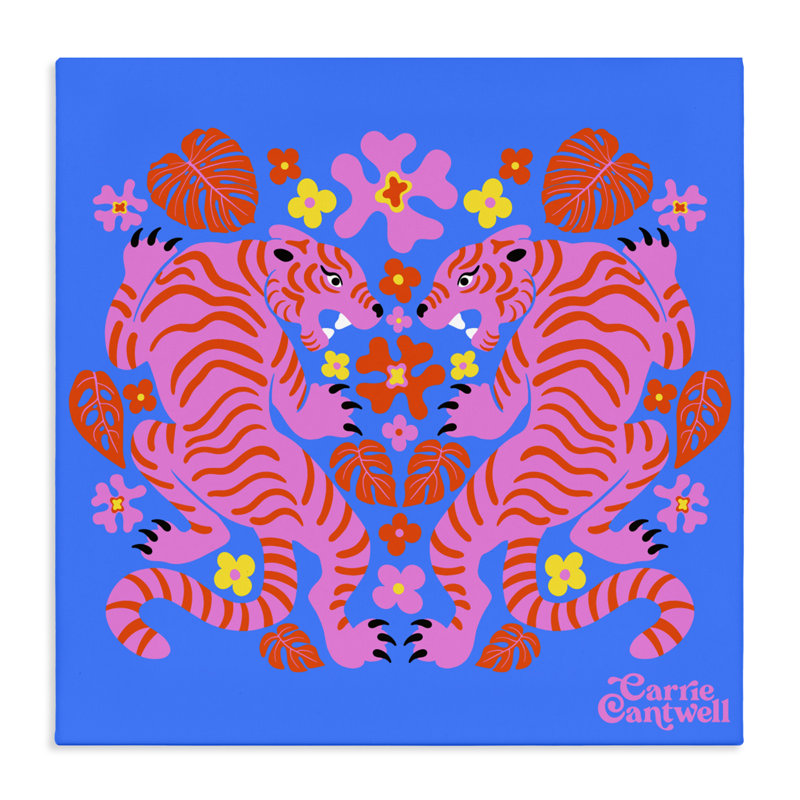 Tigres roses et toile Monstera, design par Carrie Cantwell, H 24 po x l 24 po
