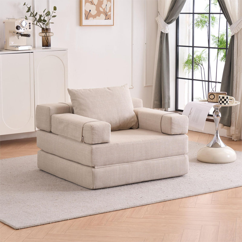Multi-Function Folding Sofa with High-Density Foam, Linen Upholstery, and Storage Pockets, Cream Linen Blend