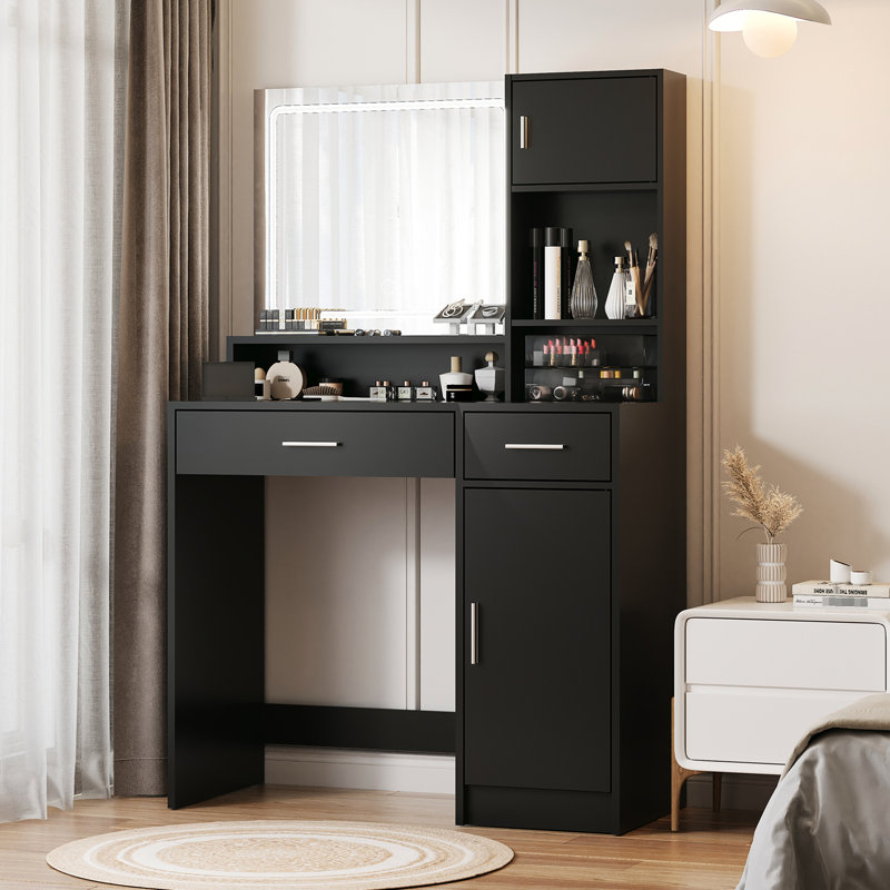 Bureau de meuble-lavabo avec miroir à DEL, 3 modes d'éclairage, luminosité réglable, grand tiroir, rangement à niveau, noir, panneau de particules, assemblage rapide, bande d'entretien simple, configuration de rangement, nettoyage sans effort