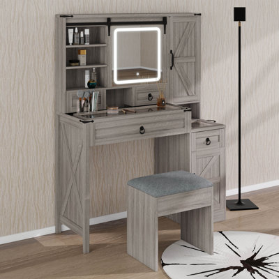 Bureau de maquillage avec miroir coulissant et lumières, ensemble de meuble-lavabo à plateau en verre avec station de charge, 4 tiroirs et 2 armoires