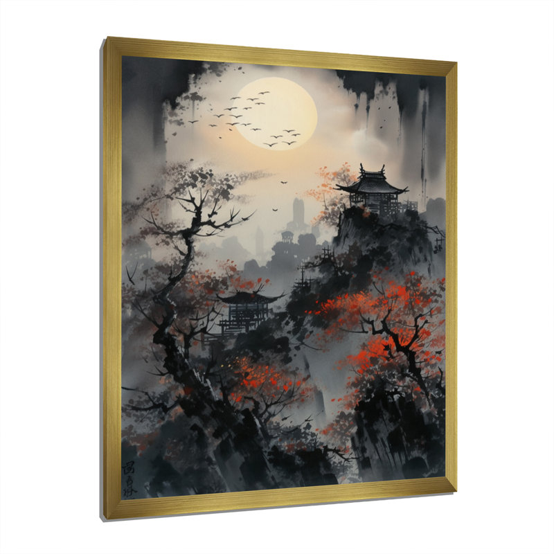 Fabens Red Moonset Raven Cry Japon II, H 20 po x l 12 po x P 1 po, Encadrement doré