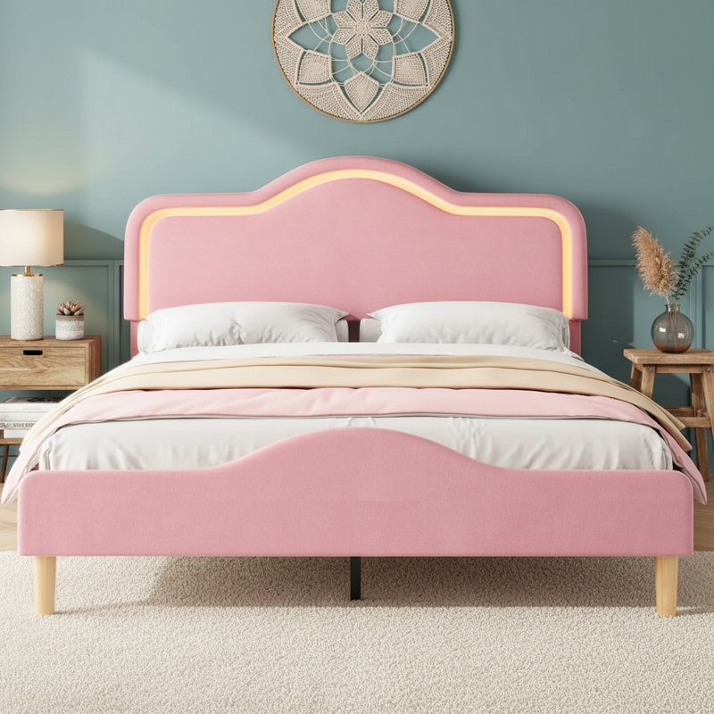 Upholstered Bed Frame with Adjustable Headboard and Footboard, Velvet Princess Platform Bedframe for Kids/Girls, Full/double