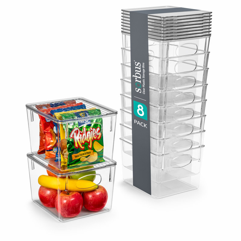  8 Pack Medium Clear Kitchen and Fridge Storage Bins with Handles and Lids