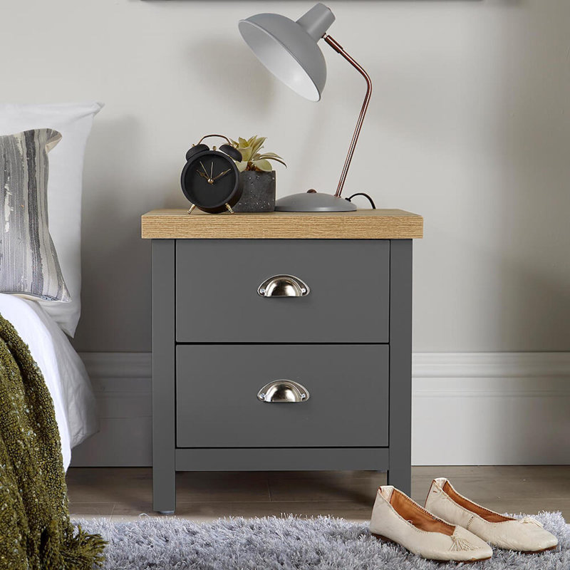 Spann Bedside Cabinet 2 Drawer Lamp Side Table Night Stand Two Tone 36mm Thick Top, Gray/Brown