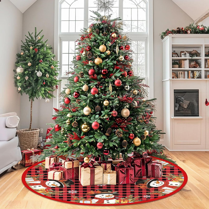 Jupe de sapin de Noël bonhomme de neige rouge en peluche, décoration de ferme hivernale avec flocons de neige