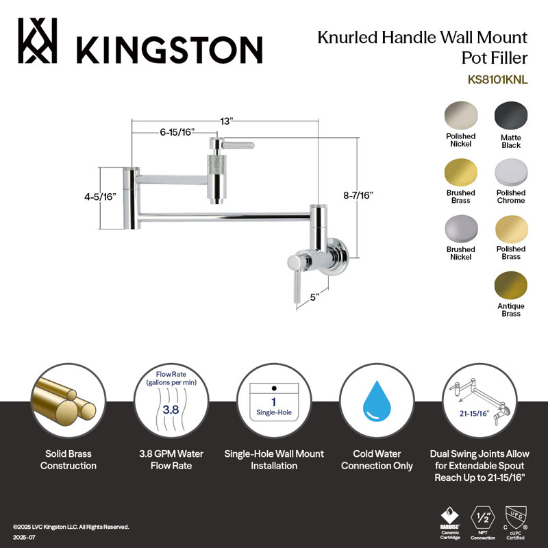 Kingston Brass Convergent Two-Handle 1-Hole Wall Mount Pot Filler Faucet With Knurled Handle, Polished Chrome