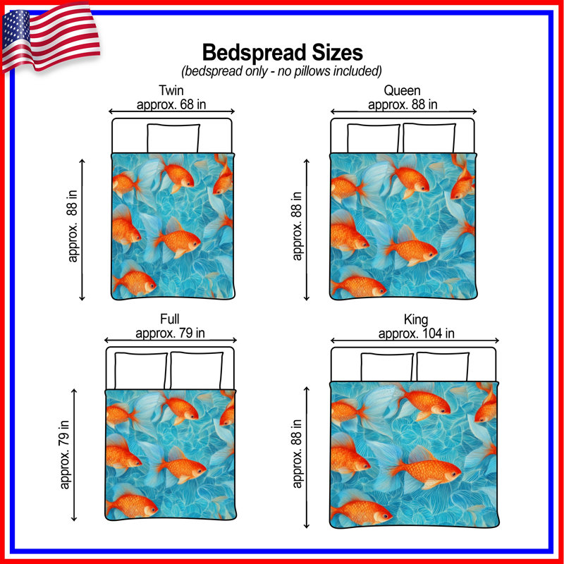 Orange Goldfish Pattern Quilted Bedspread All Sizes, Twin