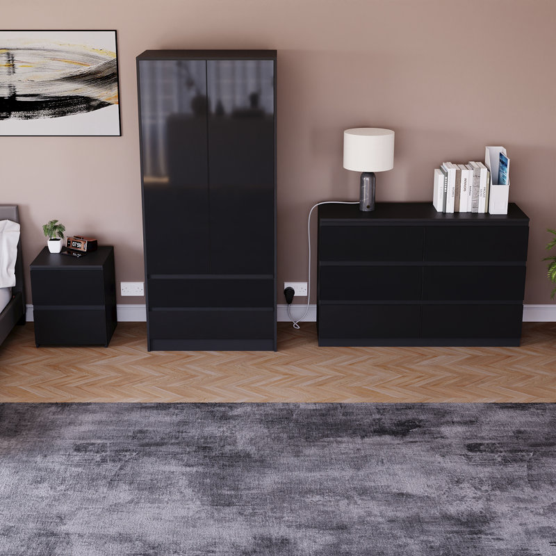 3 Piece Bedroom Set (2 Drawer Bedside Chest, 6 Drawer Chest, 2 Door 2 Drawer Wardrobe), (100% FSC), Black