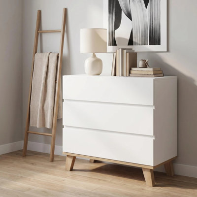 3 Drawer White Dresser, Handle-Free Modern Storage Chest with Solid Natural Wood Legs, Minimalist Drawer Cabinet for Bedroom Living Room, Simple to In