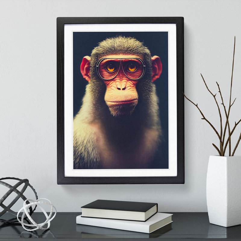 A Monkey In Glasses No.4 - Single Picture Frame Print, 64cm H x 46cm W x 2cm D, Black Framed