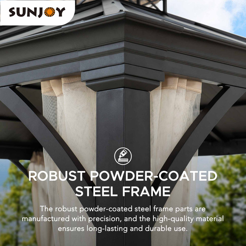 Sunjoy Black Metal 11x13 ft Hardtop Gazebo with Mesh Netting