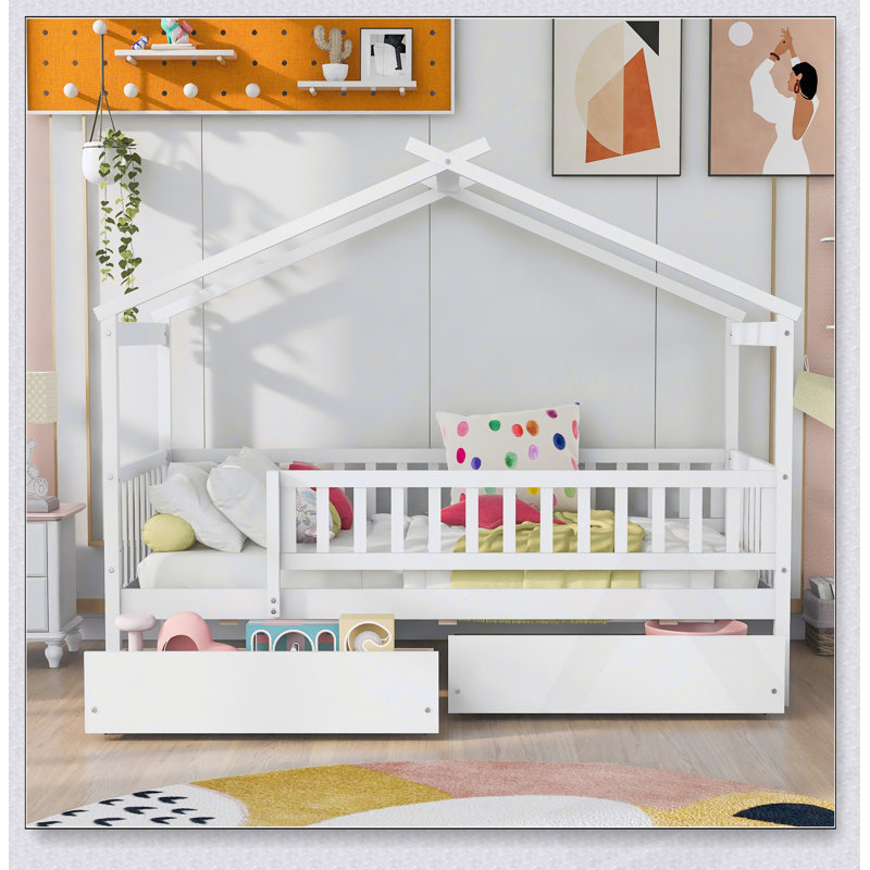 Lit de maison en bois avec deux tiroirs, toit en ciel fantaisiste pour enfants, fabrication en bois de pin robuste et rangement spacieux