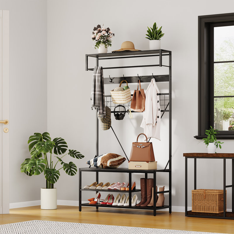 5 in 1 Hall Tree with Bench and Shoe Storage, 39" Entryway Coat Rack with Shoe Bench, Adjustable Shelf, Hanging Rod & 9 Hooks, Coat and Shoe Rack