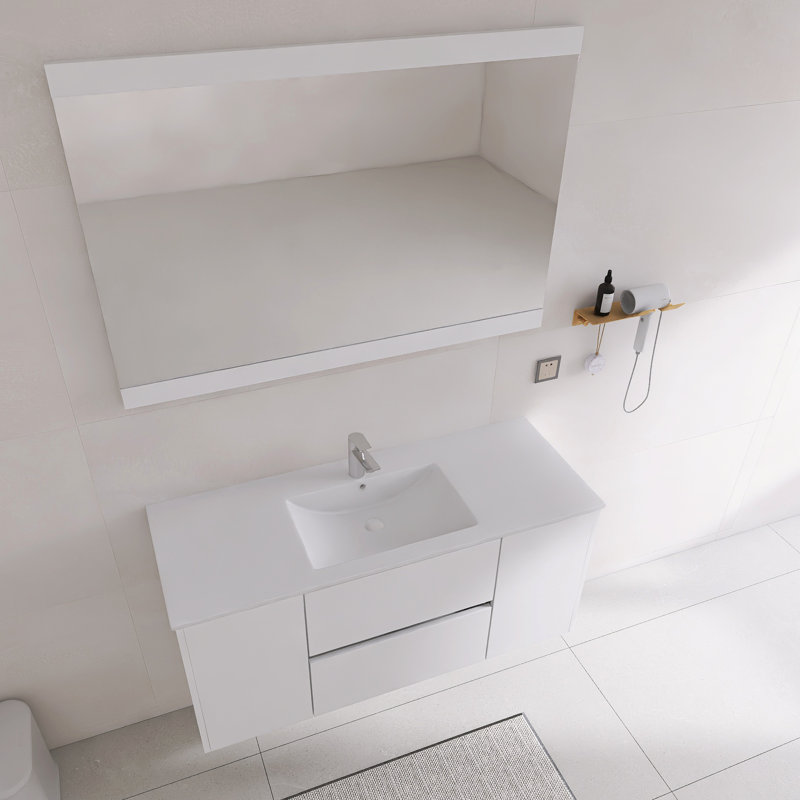 Ensemble de meuble-lavabo simple 48 po avec miroir | Lavabo tout bois, évier en céramique et tiroirs à fermeture en douceur