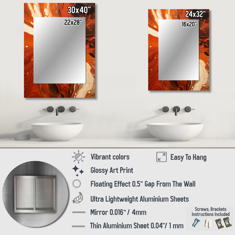 Molten Muse Fiery Flame IV - miroir décoratif à encre liquide, miroir mural orange, impression d'art en métal, 32 po x 24 po