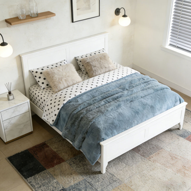 Modern Solid Wood Platform Bed, White, Queen