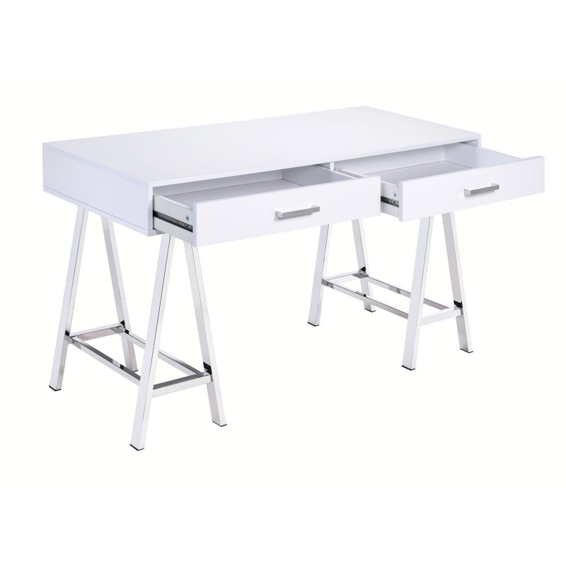 Bureau d'écriture moderne avec port de chargement et 2 tiroirs, blanc brillant, base en métal pour bacs de rangement rectangulaires