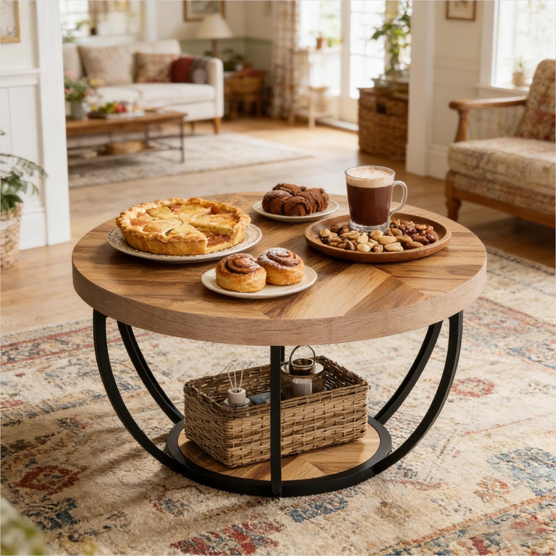 Table basse 31,5 pouces avec tablettes à deux niveaux, bois d'ingénierie et acier, moderne