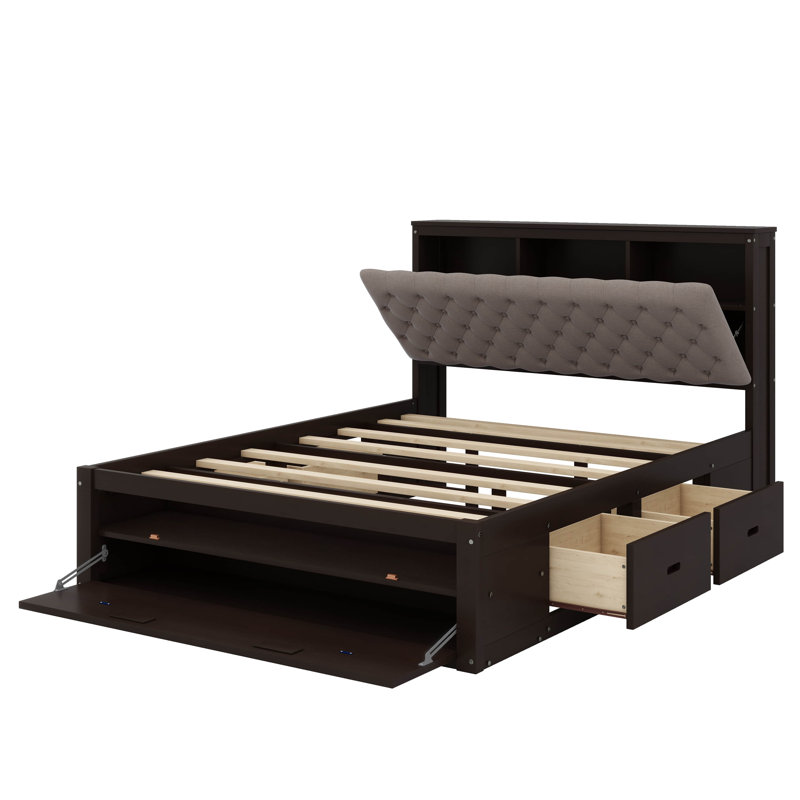 Lit plateforme élégant en bois avec tête de lit, Espresso