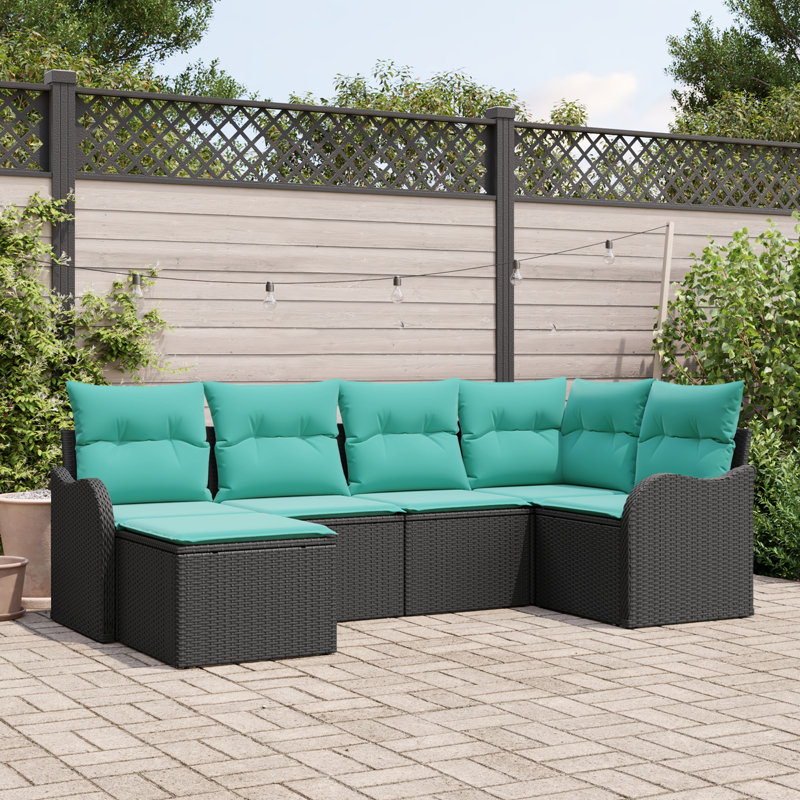 Ensemble de canapé de jardin vidaXL 6 pièces en rotin de polyester noir et turquoise