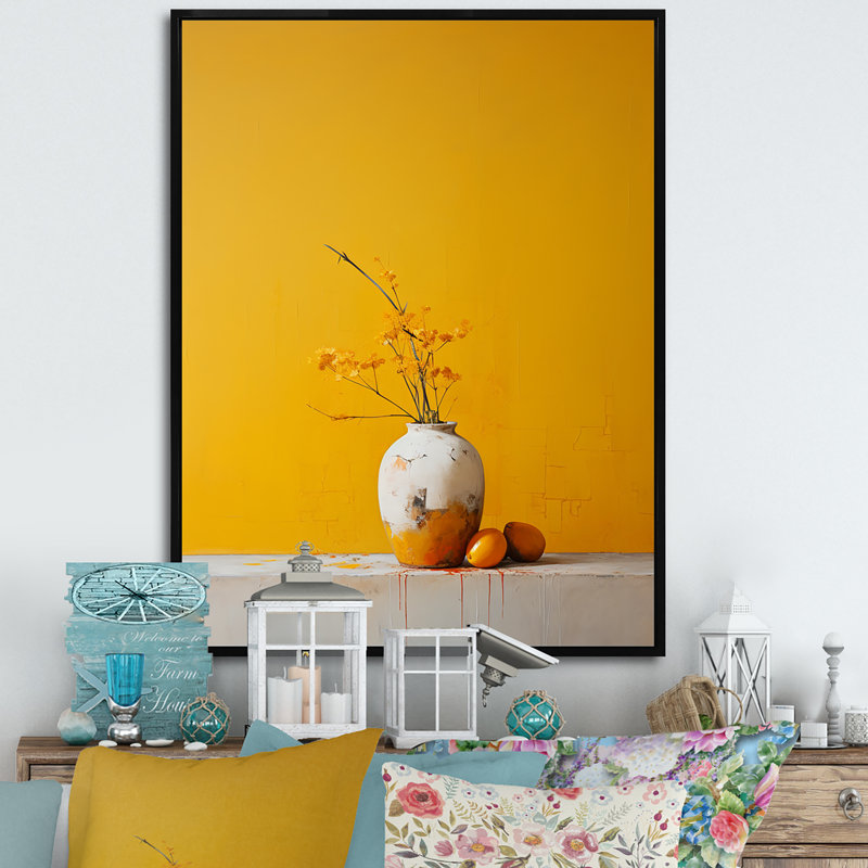 Minimalisme jaune blanc sur fond blanc, H 32 po x l 24 po x P 1 po, Cadre flottant noir