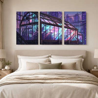 Urban Greenhouse with Neon Light Beams Set Of 3 Canvas Wall Art