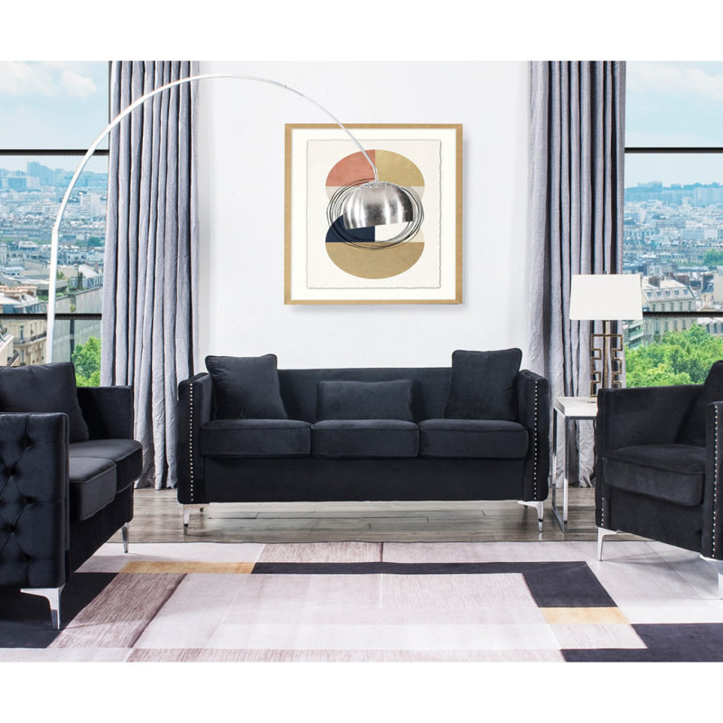 Canapé en velours noir 73 po avec 3 coussins Belluno