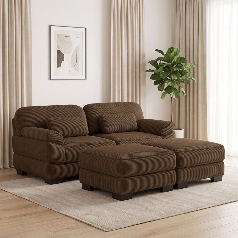 Canapé modulable 2 places avec 2 poufs, revêtement en velours côtelé pour salon, appartement, Brun
